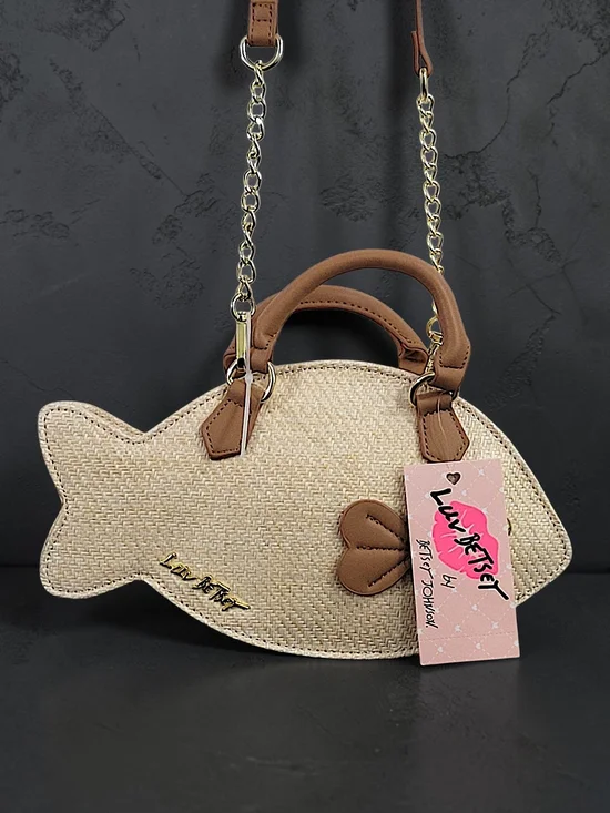 Betsey Johnson Beige  Fish-Shaped Crossbody Bag Wicker with Brown Trim - Picture 10 of 10